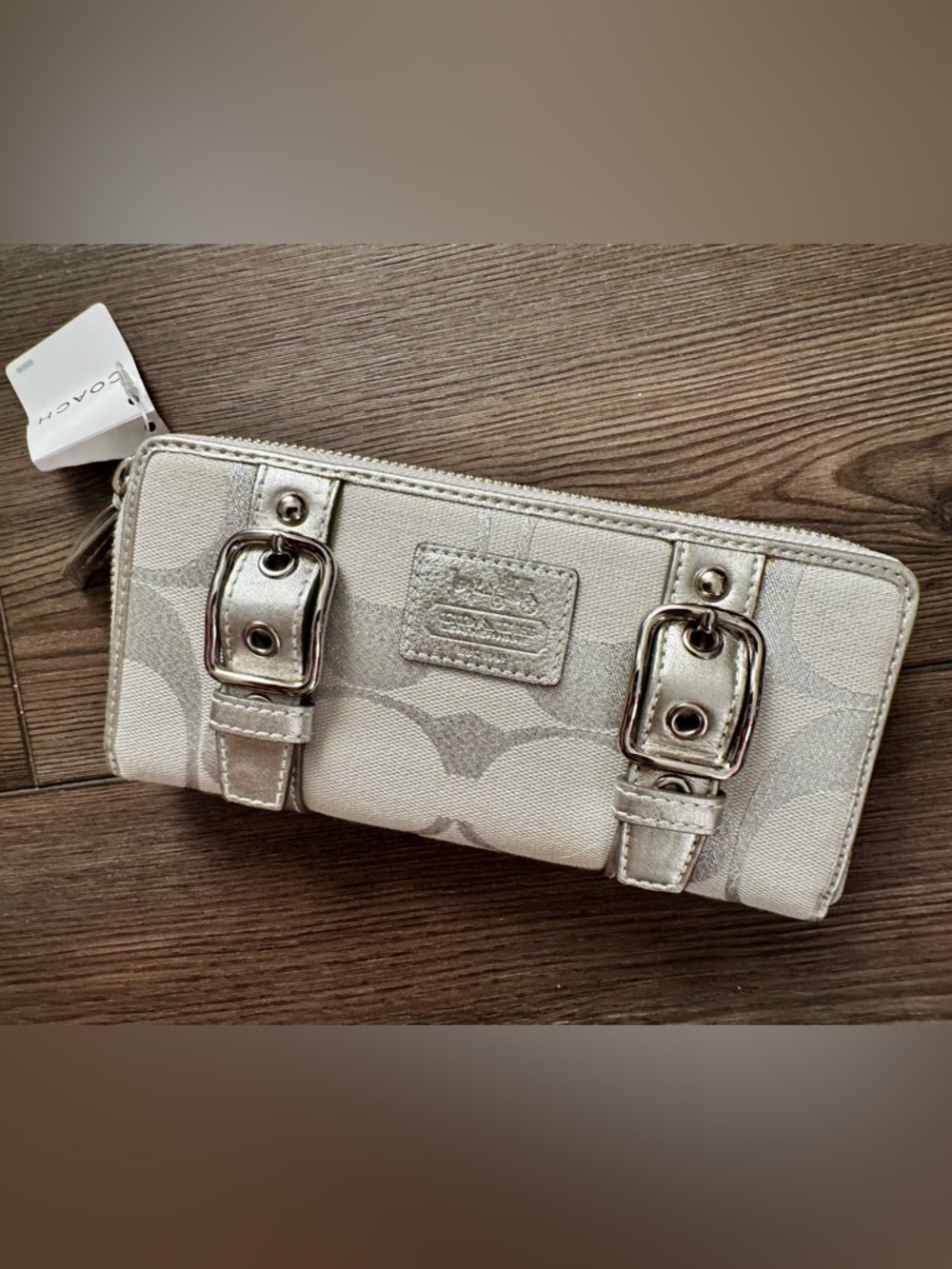 Coach Metallic Silver Signature Zip Wallet